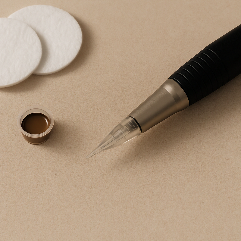 Flat lay of Nano Brow machine pen, pigment jars, and cotton pads photographed for OSIE Beauty in Austin, Texas, illustrating how long Nano Brows last and fade naturally.