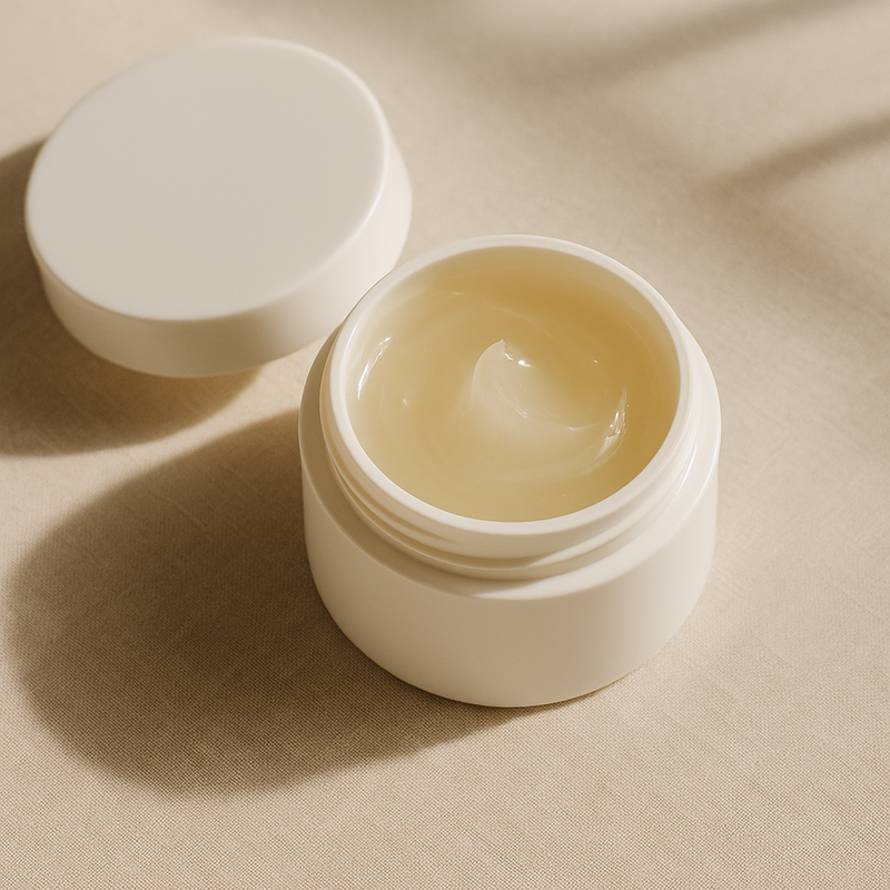 Open brow aftercare ointment jar on a neutral beige background for OSIE Beauty’s Nano Brows and Microblading aftercare guide in Austin, Texas.