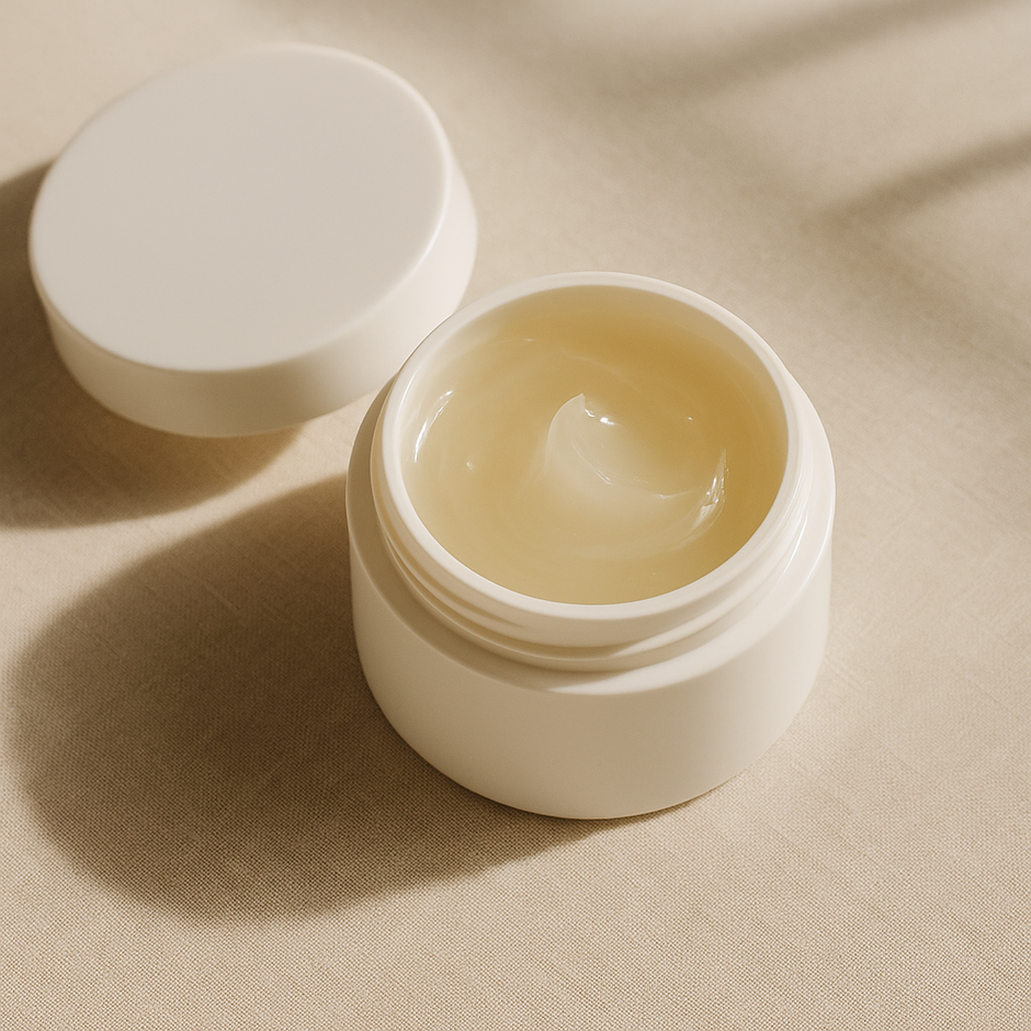 Open brow aftercare ointment jar on a neutral beige background for OSIE Beauty’s Nano Brows and Microblading aftercare guide in Austin, Texas.