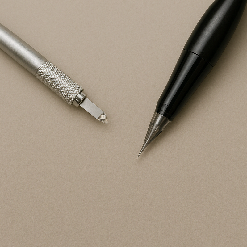 Editorial flat lay of Nano Brows and Microblading tools on a beige background, photographed for OSIE Beauty in Austin, Texas, comparing permanent makeup brow techniques.