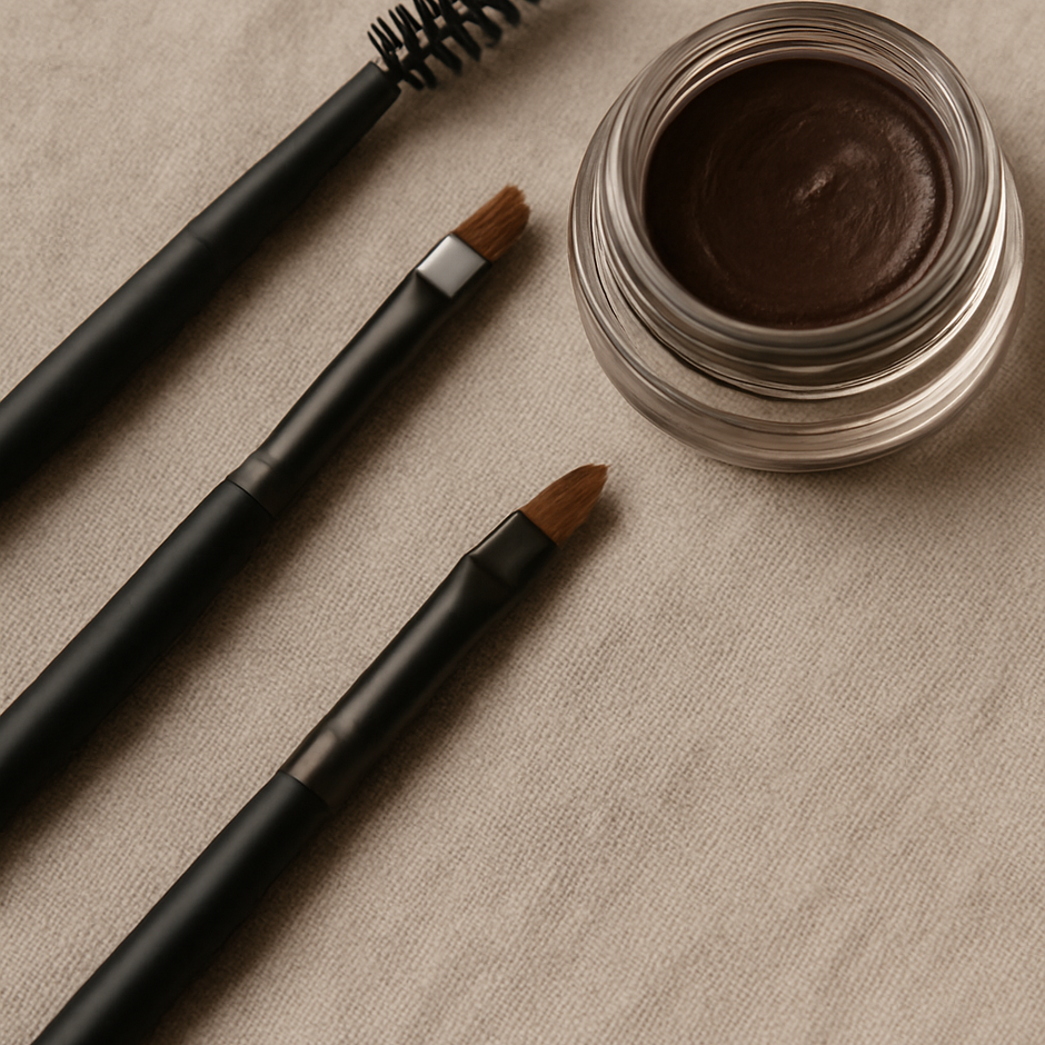 Close-up of angled brow brushes on a soft neutral background representing OSIE Beauty’s natural, luxury Nano Brows in Austin, Texas