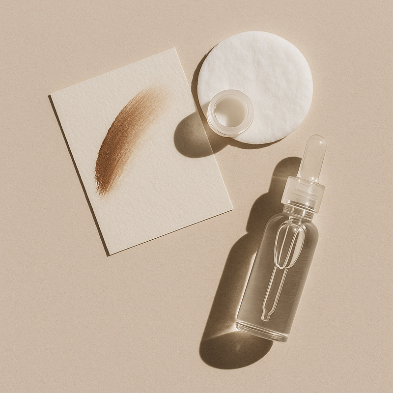 Editorial flat lay of brow tools and pigment rings on a neutral background representing a clean slate for brow tattoo correction, photographed for OSIE Beauty in Austin, Texas.